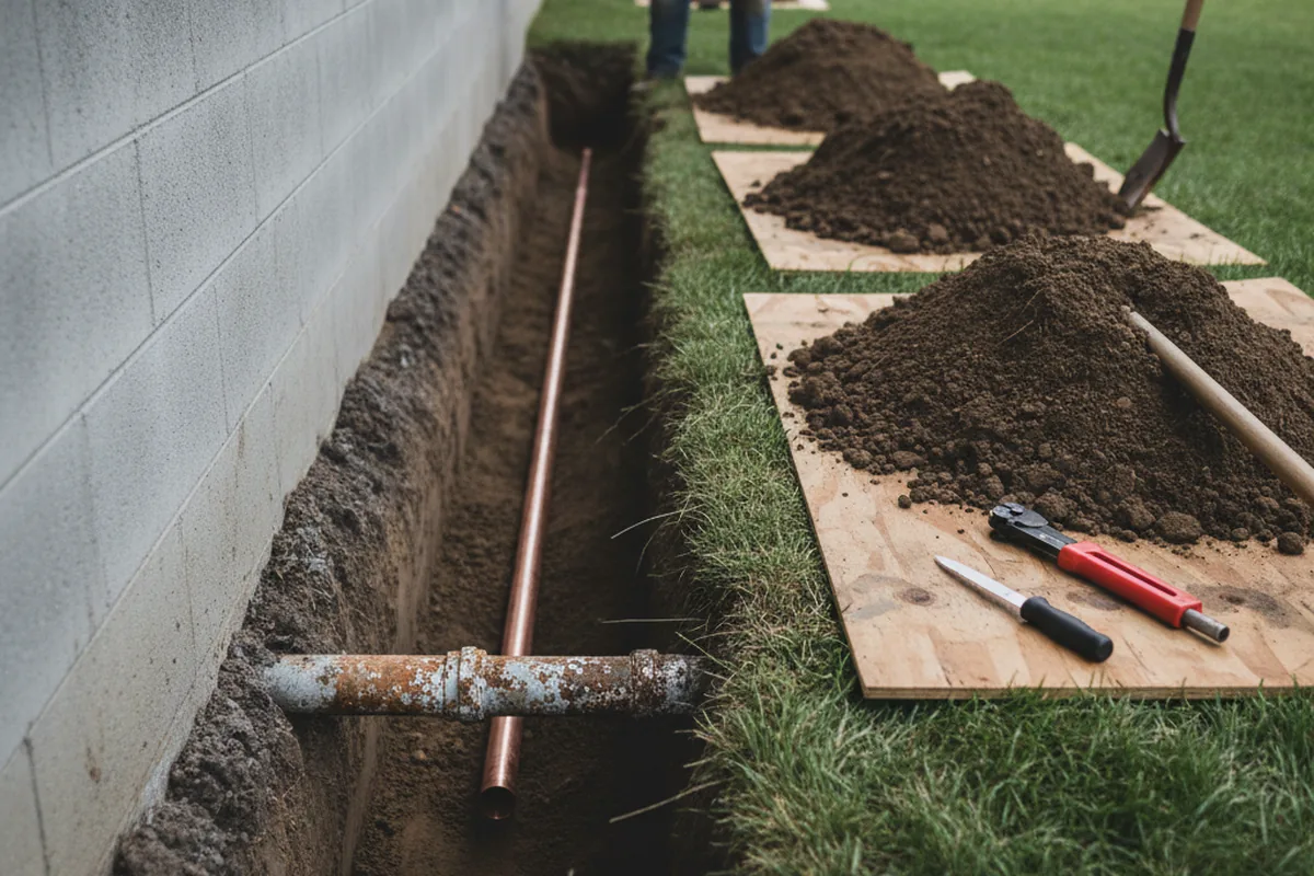 Excavated water line trench during Sewer Line Repair in Uniontown